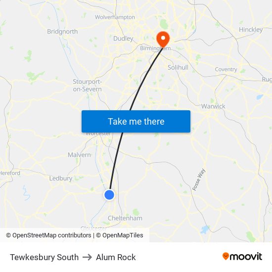 Tewkesbury South to Alum Rock map