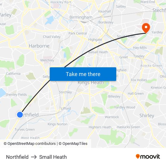 Northfield to Small Heath map