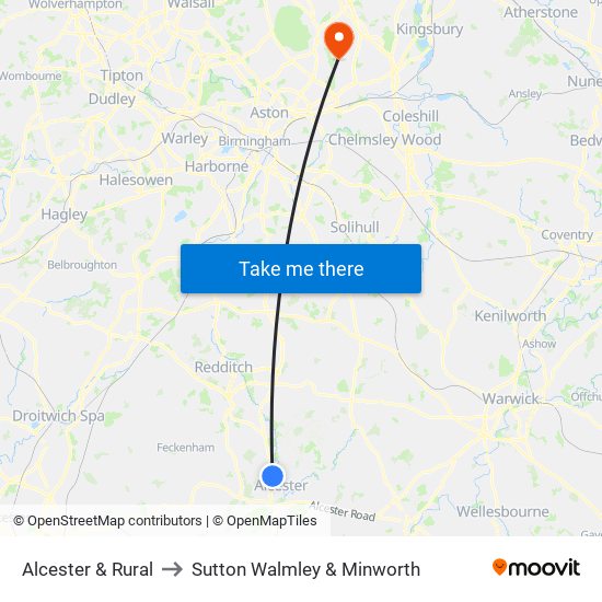 Alcester & Rural to Sutton Walmley & Minworth map