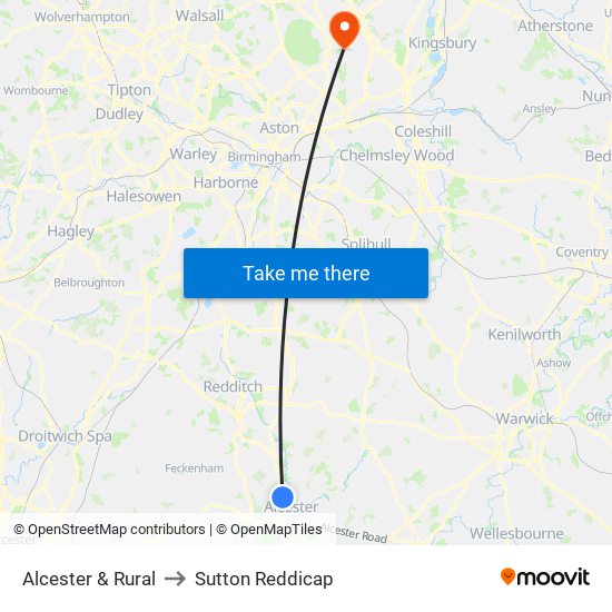Alcester & Rural to Sutton Reddicap map