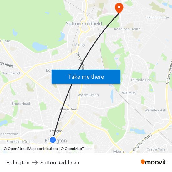 Erdington to Sutton Reddicap map