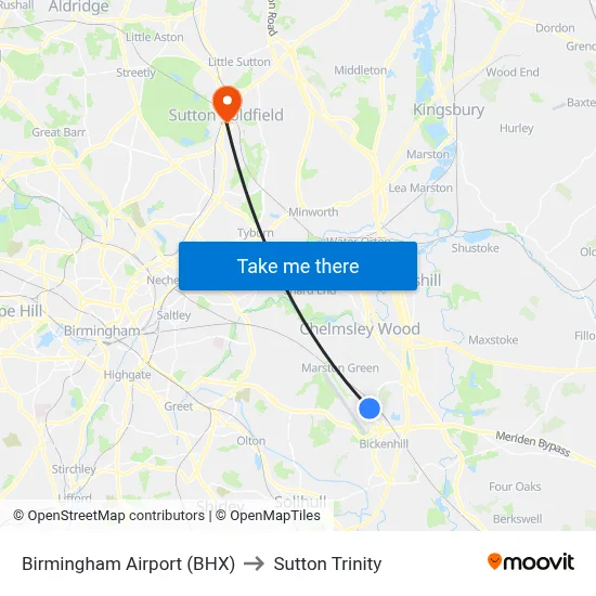 Birmingham Airport (BHX) to Sutton Trinity map