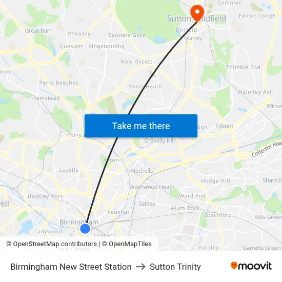 Birmingham New Street Station to Sutton Trinity map