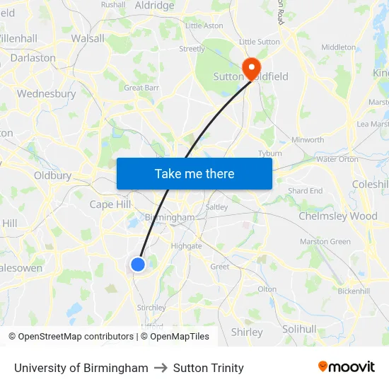 University of Birmingham to Sutton Trinity map