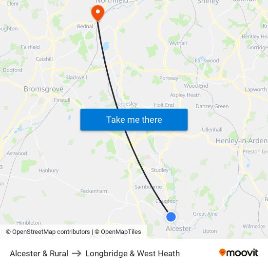 Alcester & Rural to Longbridge & West Heath map