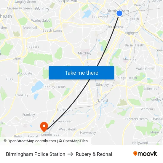 Birmingham Police Station to Rubery & Rednal map
