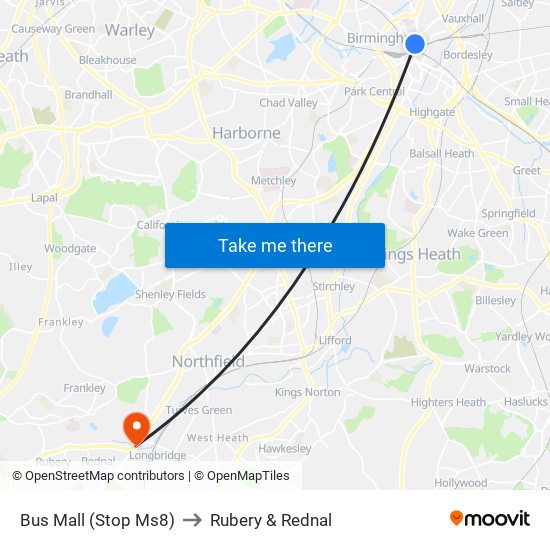 Bus Mall (Stop Ms8) to Rubery & Rednal map