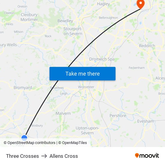 Three Crosses to Allens Cross map