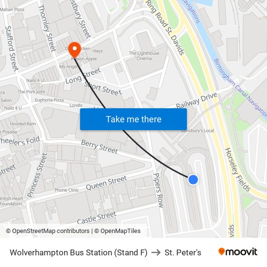 Wolverhampton Bus Station (Stand F) to St. Peter's map