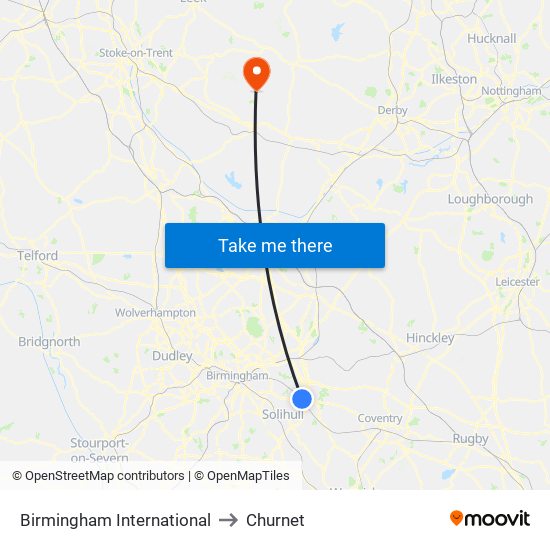 Birmingham International to Churnet map