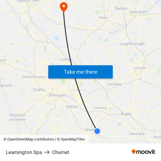 Leamington Spa to Churnet map