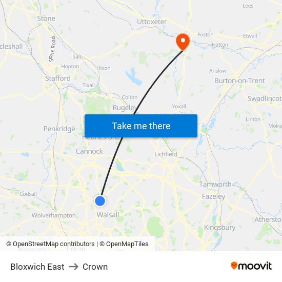 Bloxwich East to Crown map