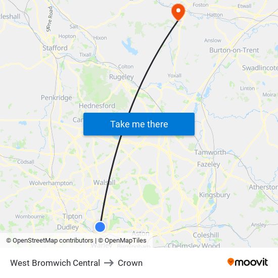 West Bromwich Central to Crown map