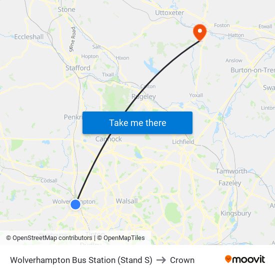 Wolverhampton Bus Station (Stand S) to Crown map