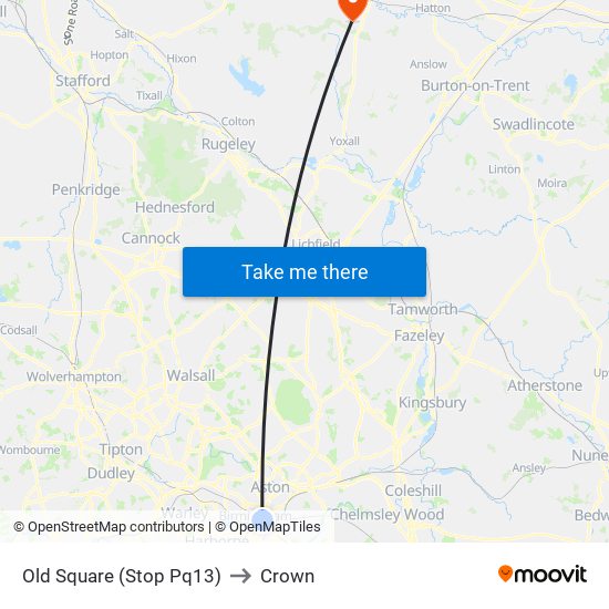 Old Square (Stop Pq13) to Crown map