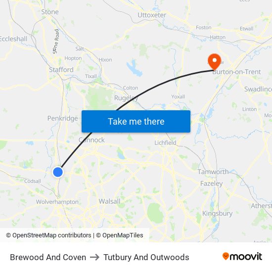 Brewood And Coven to Tutbury And Outwoods map