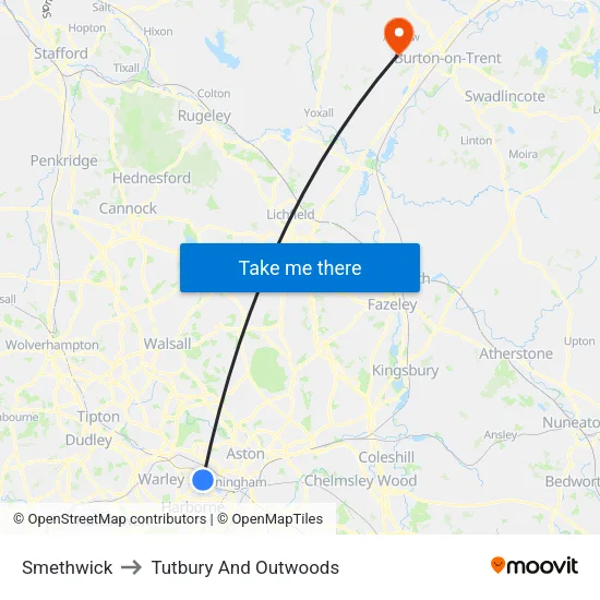 Smethwick to Tutbury And Outwoods map