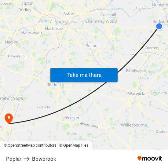 Poplar to Bowbrook map