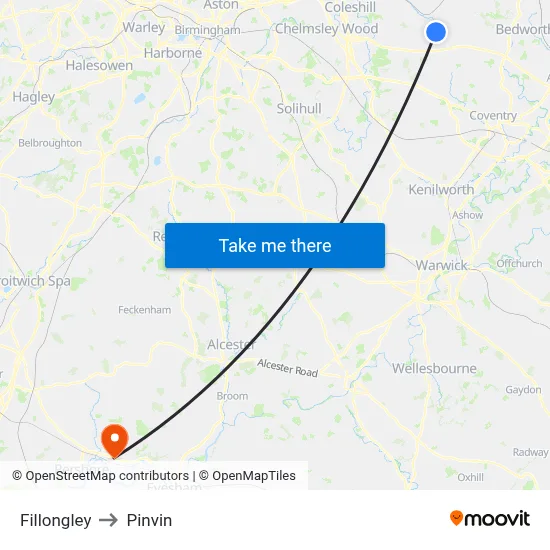 Fillongley to Pinvin map