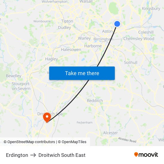 Erdington to Droitwich South East map