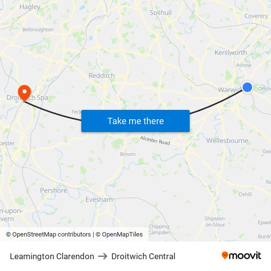 Leamington Clarendon to Droitwich Central map