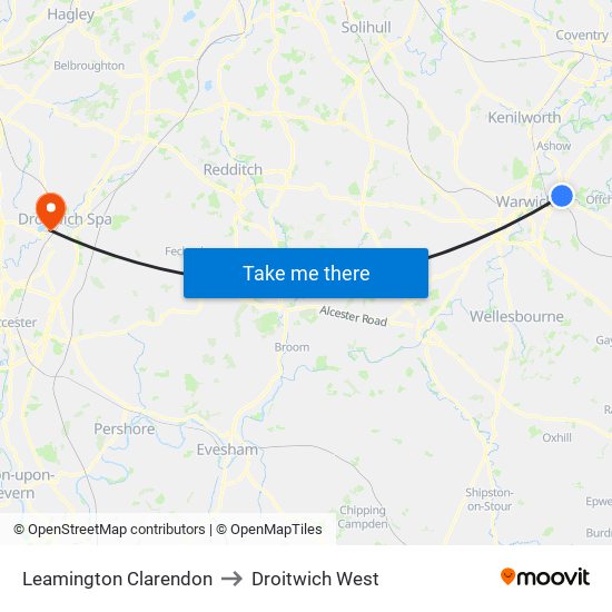 Leamington Clarendon to Droitwich West map