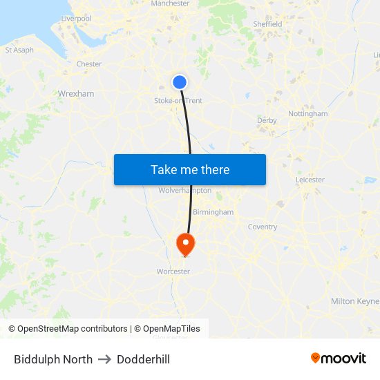 Biddulph North to Dodderhill map