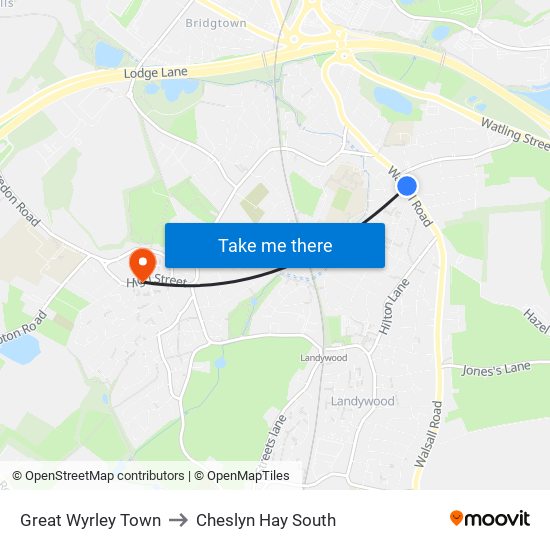 Great Wyrley Town to Cheslyn Hay South map