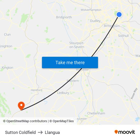 Sutton Coldfield to Llangua map