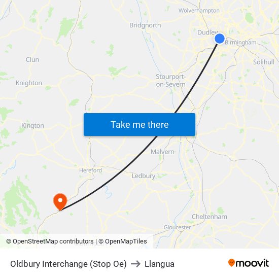 Oldbury Interchange (Stop Oe) to Llangua map