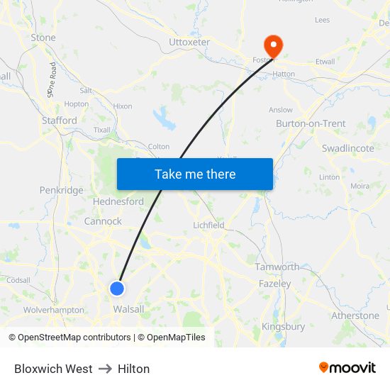 Bloxwich West to Hilton map