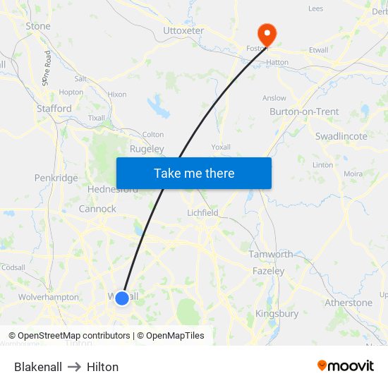 Blakenall to Hilton map