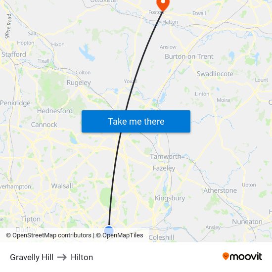 Gravelly Hill to Hilton map