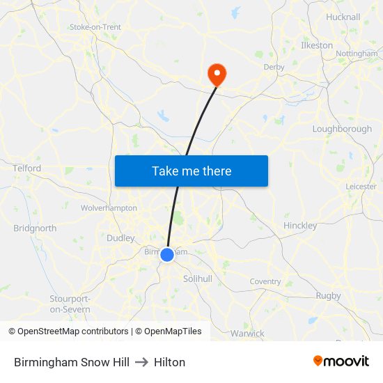 Birmingham Snow Hill to Hilton map