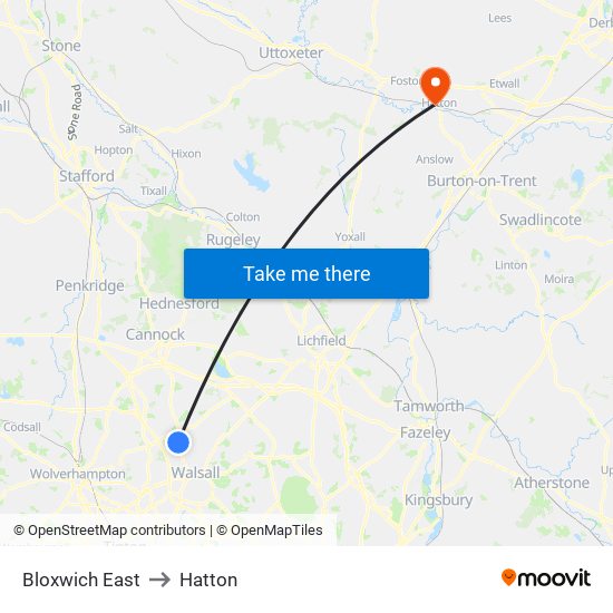 Bloxwich East to Hatton map