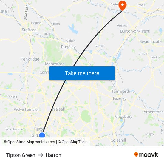 Tipton Green to Hatton map