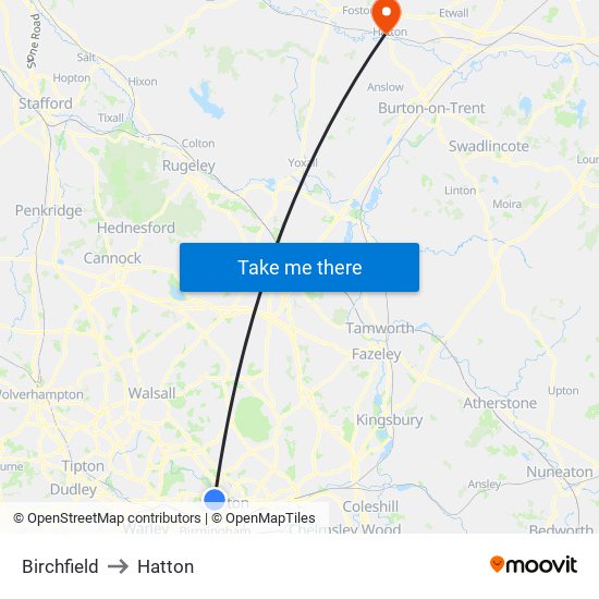 Birchfield to Hatton map