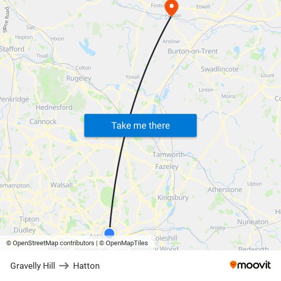 Gravelly Hill to Hatton map