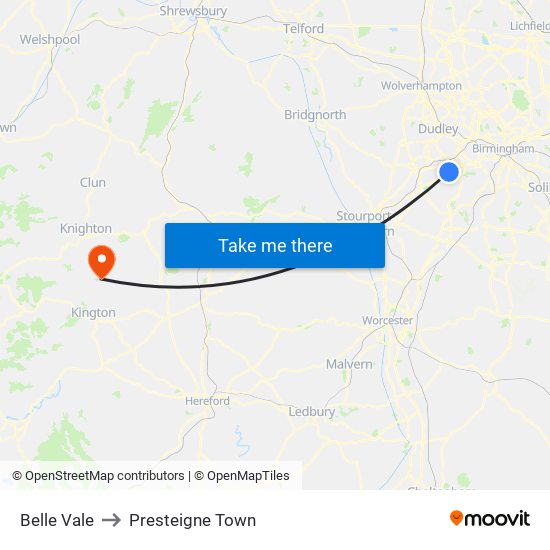 Belle Vale to Presteigne Town map