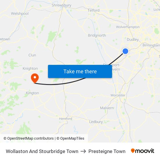 Wollaston And Stourbridge Town to Presteigne Town map