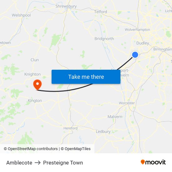 Amblecote to Presteigne Town map