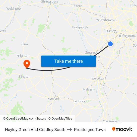 Hayley Green And Cradley South to Presteigne Town map