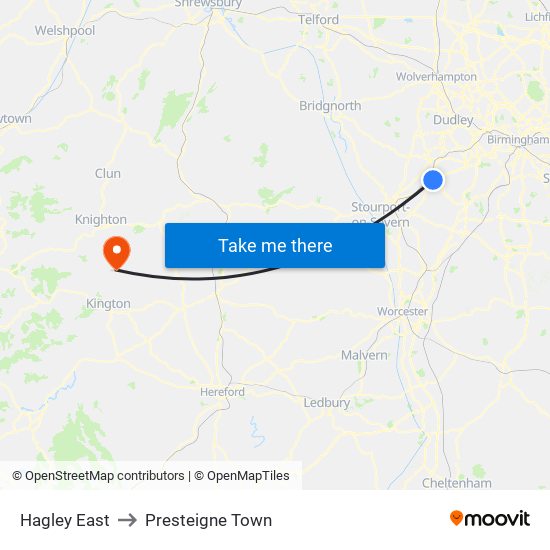 Hagley East to Presteigne Town map