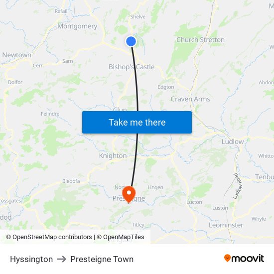 Hyssington to Presteigne Town map