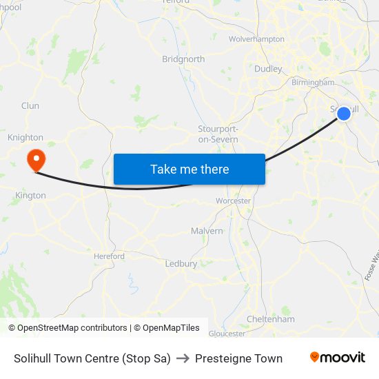 Solihull Town Centre (Stop Sa) to Presteigne Town map