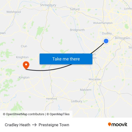 Cradley Heath to Presteigne Town map