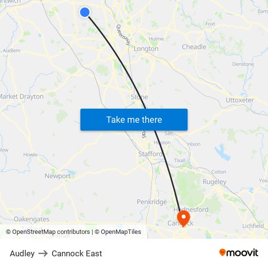 Audley to Cannock East map