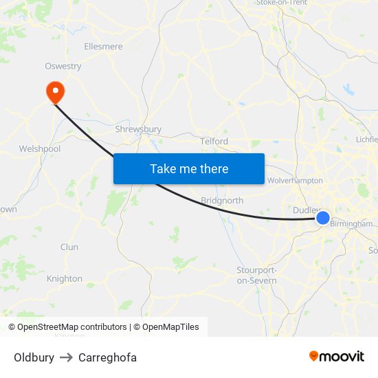 Oldbury to Carreghofa map