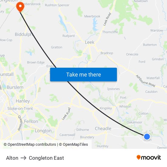 Alton to Congleton East map