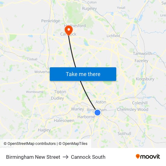 Birmingham New Street to Cannock South map